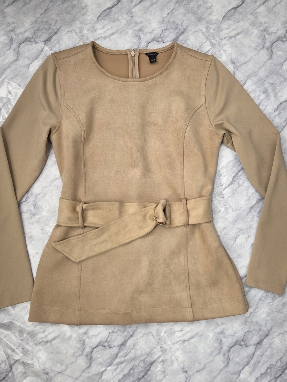 Ann Taylor Tan Faux Suede Belted Tunic Top Long Sleeve Office Blouse XS